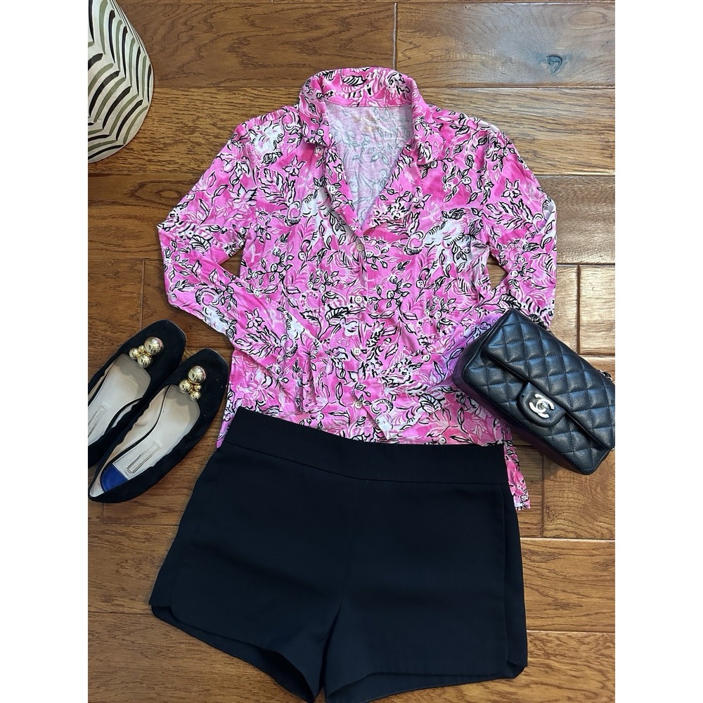 Lilly Pulitzer PJ Knit Button-Up Top Plumeria Pink Purrposefully Pink XXS